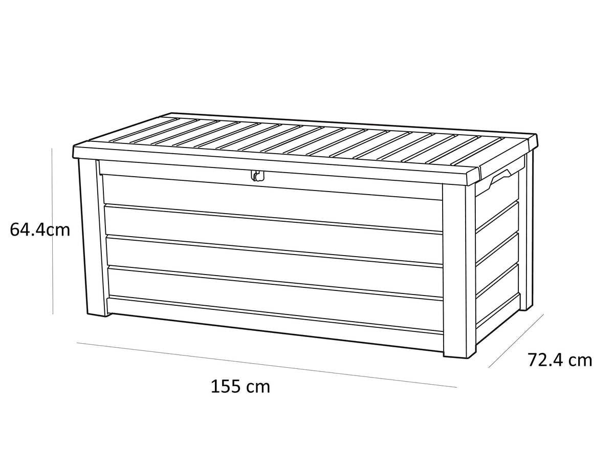 570L Outdoor Garden Storage Box with Wood-Effect Finish, Piston Lid & Seating - Brown