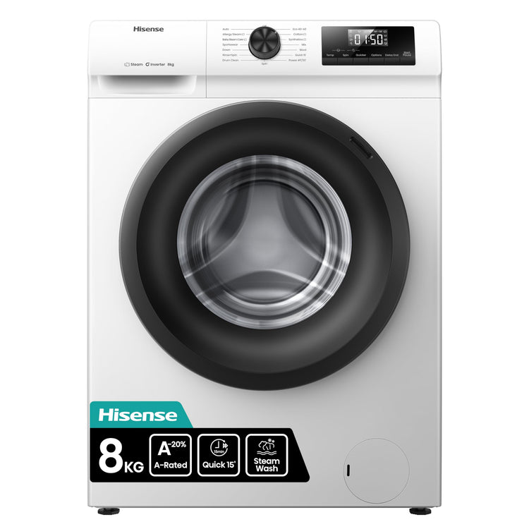 Hisense 1Q Series WF1Q1041BW Freestanding 10 KG Front Load Washing Durable Inverter Machine, Steam Wash, Quick Wash, 15 Washing Programs 1400 RPM White - Energy Rating A