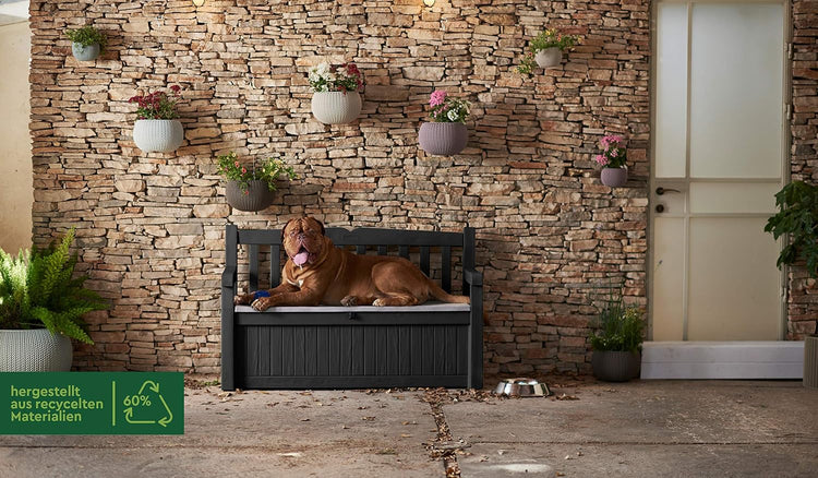 Keter Eden Bench 265L Outdoor Garden Storage Box, Graphite & Light Grey, 60% Recycled Plastic, Weatherproof