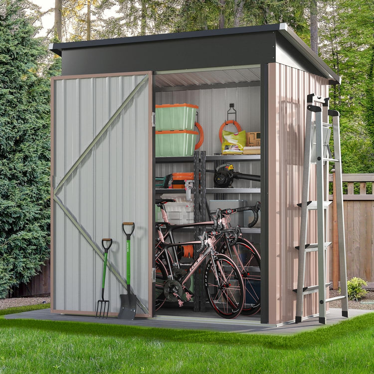 5x3ft Galvanised Metal Garden Storage Shed with Lockable Door & Ventilation - Brown