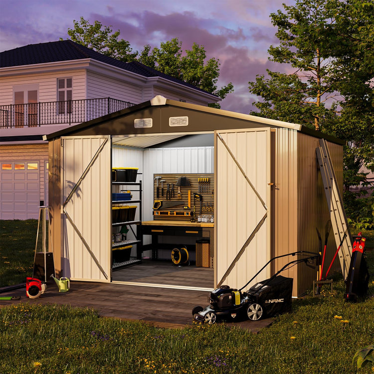 10x8ft Galvanised Metal Garden Storage Shed with Lockable Double Doors & Ventilation - Brown