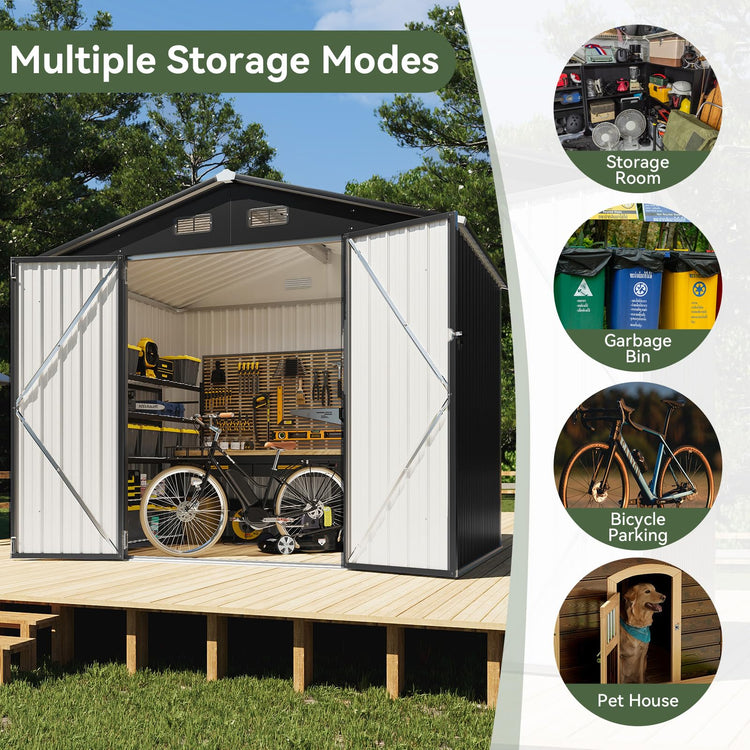 8x6ft Metal Garden Storage Shed with Lockable Double Doors & Ventilation - Black