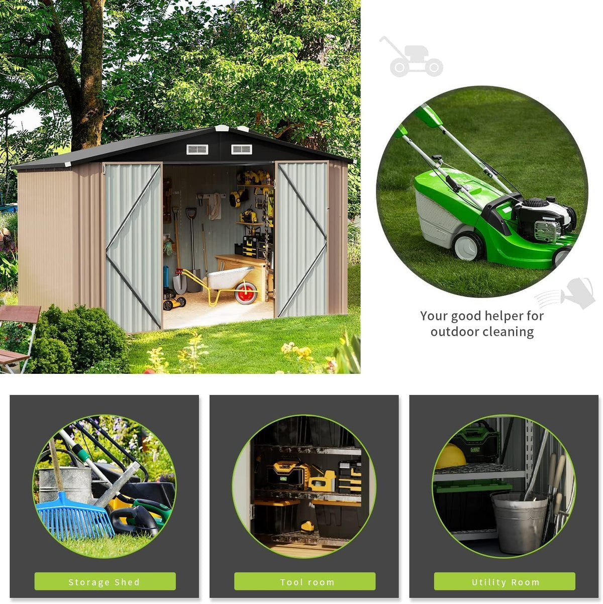 10x8ft Galvanised Metal Garden Storage Shed with Lockable Double Doors & Ventilation - Brown