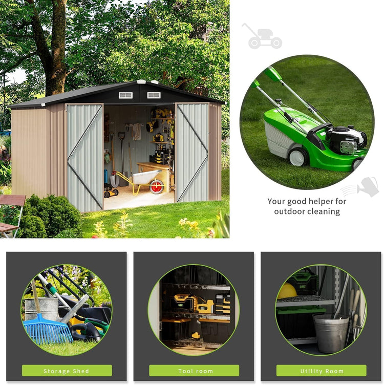 10x8ft Galvanised Metal Garden Storage Shed with Lockable Double Doors & Ventilation - Brown