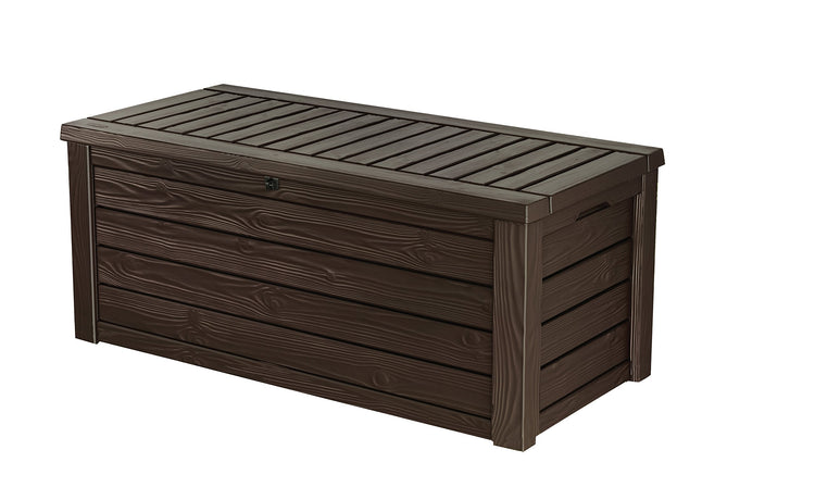570L Outdoor Garden Storage Box with Wood-Effect Finish, Piston Lid & Seating - Brown