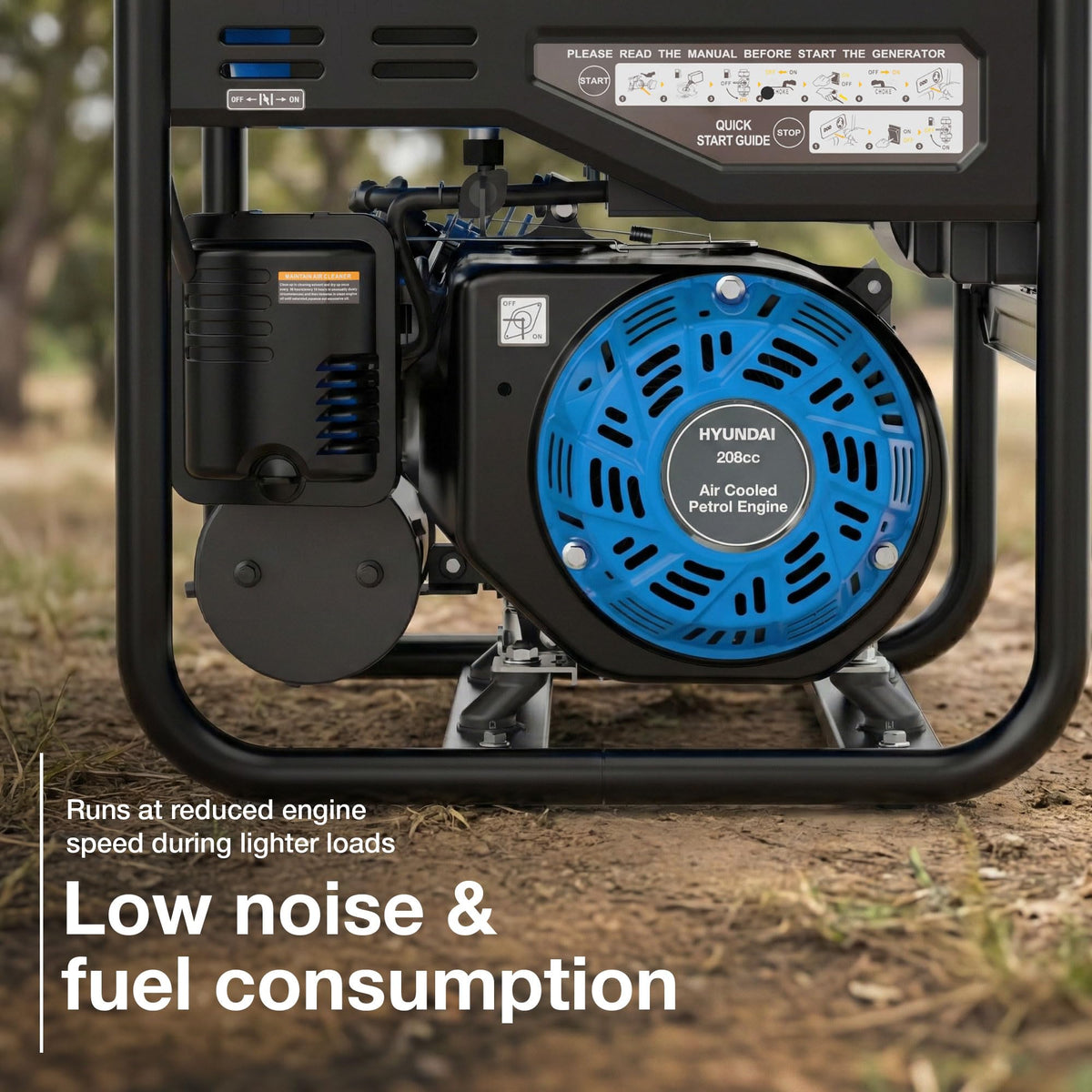 Hyundai 3.3kW / 3300W Petrol Open Frame Inverter Generator, Recoil Start, 3.0kW Continuous, 7.5L Long-Run Tank, Pure Sine Wave