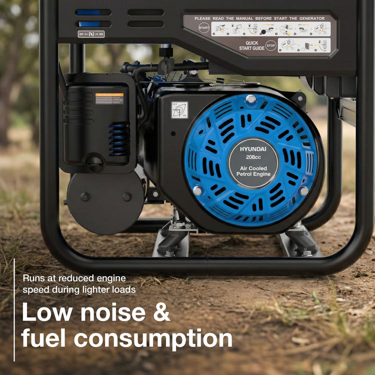 Hyundai 3.3kW / 3300W Petrol Open Frame Inverter Generator, Recoil Start, 3.0kW Continuous, 7.5L Long-Run Tank, Pure Sine Wave