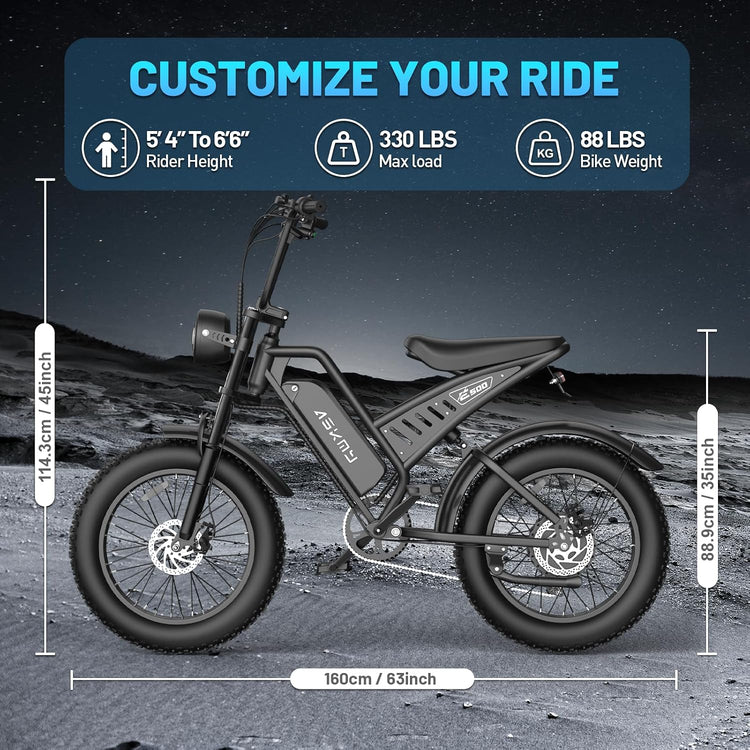 Electric Mountain Bike with 20-Inch Fat Tyres, 48V 15Ah Battery, 1500W Peak Motor, Dual Suspension