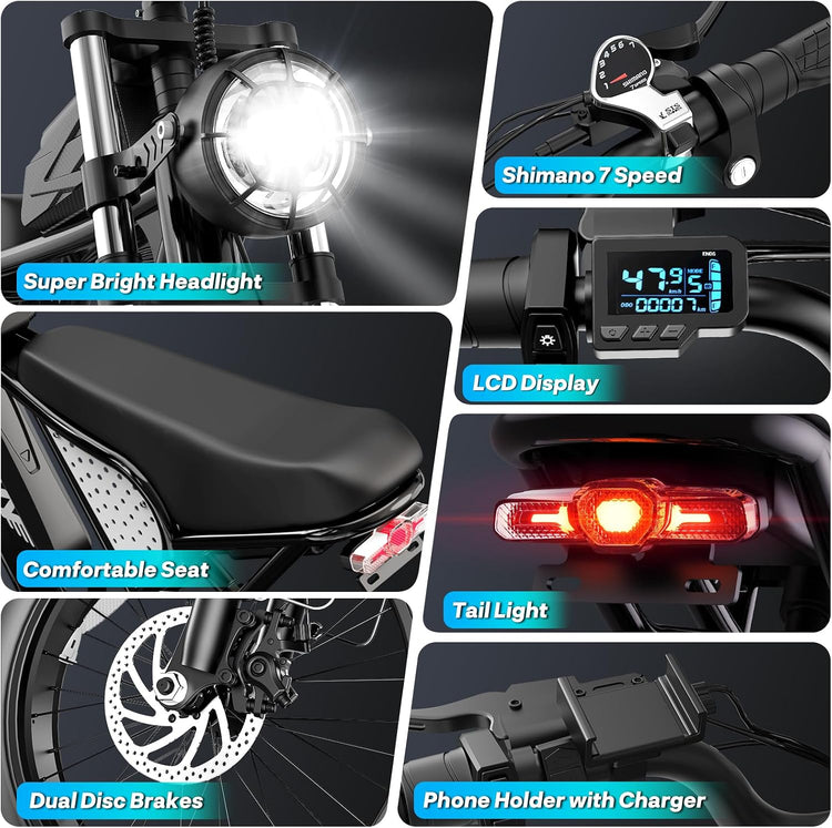 250W Fat Tyre Electric Bike for Adults, 48V 15.6Ah Removable Battery, Brushless Motor, Full Suspension & 7-Speed