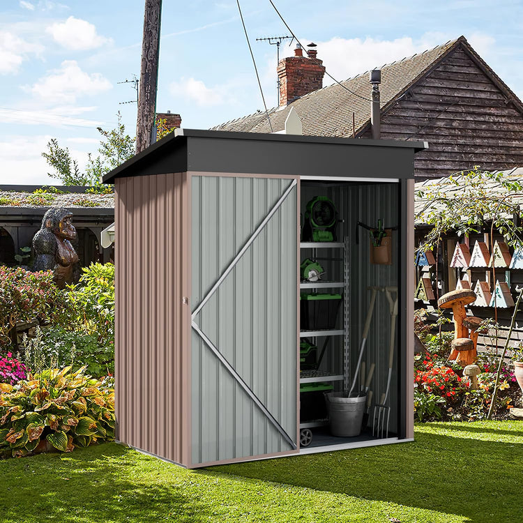 5x3ft Galvanised Metal Garden Storage Shed with Lockable Door & Ventilation - Brown