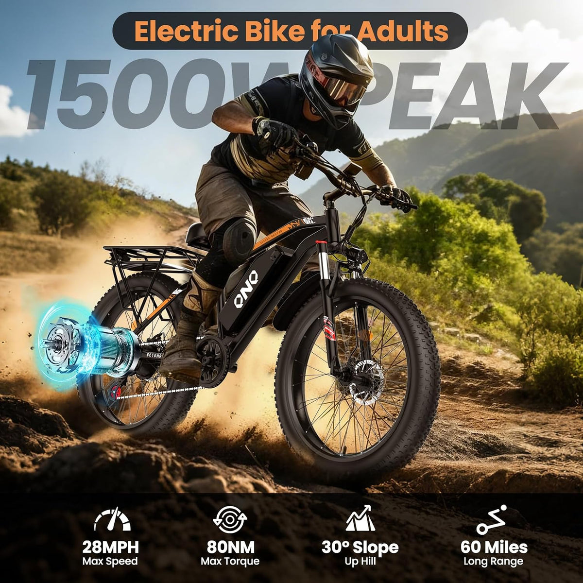26-Inch Electric Mountain Bike with Fat Tyres, 48V 15Ah Battery, 1500W Peak Motor, Front Suspension & 7-Speed