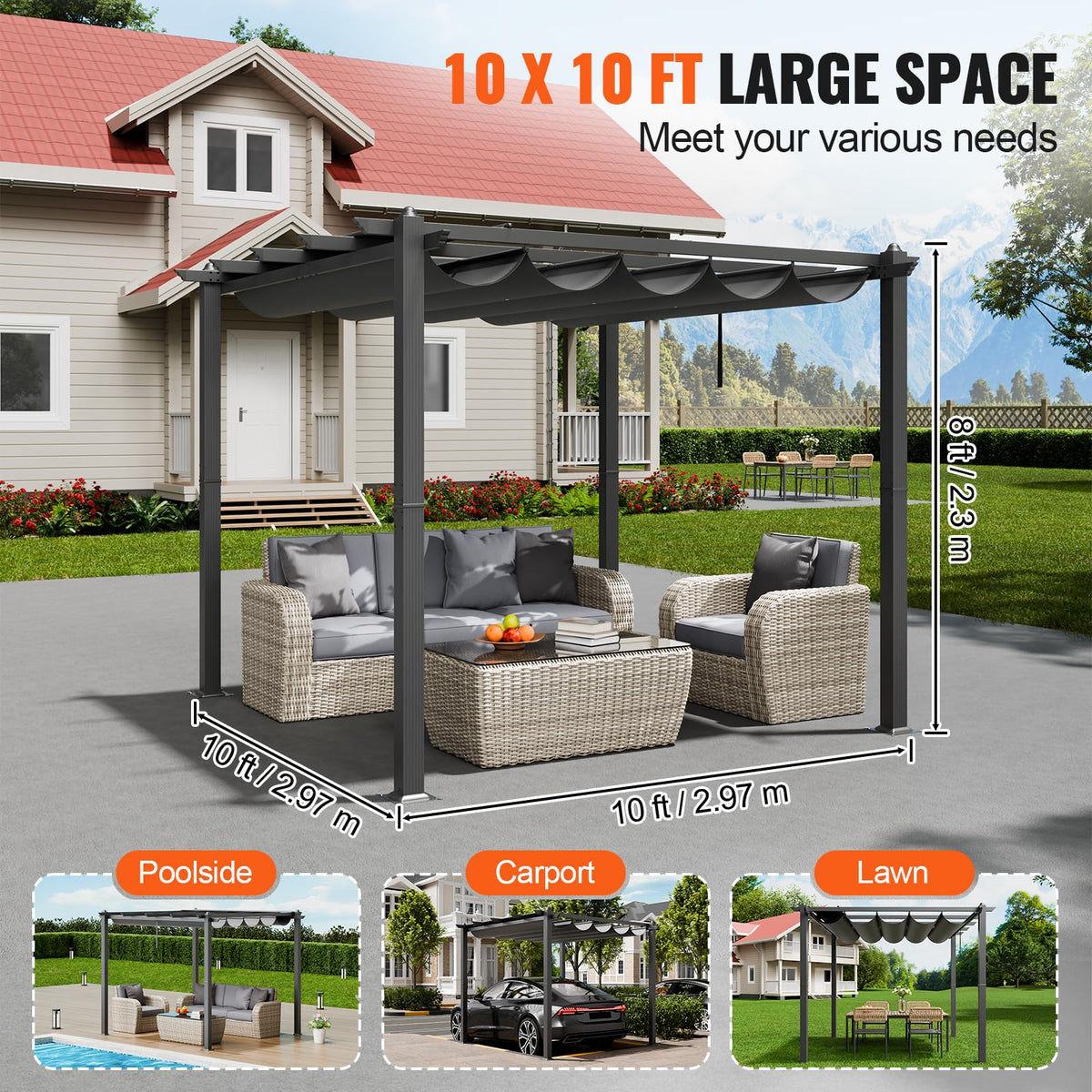 VEVOR 10'x10' Outdoor Retractable Pergola with Canopy, Aluminum Pergola with Retractable Canopy, Modern Style, Sun Shade for Patios, Gardens, Decks
