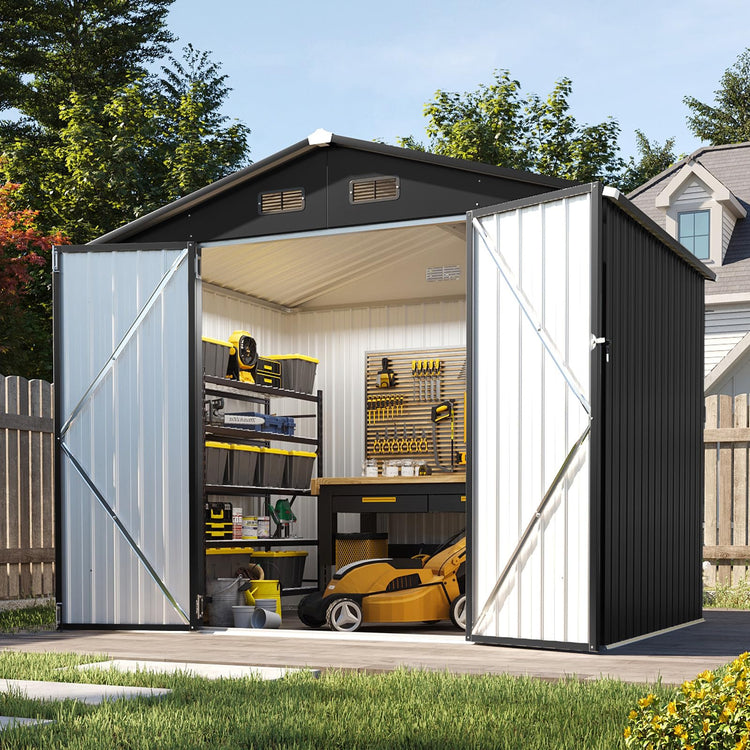 8x6ft Metal Garden Storage Shed with Lockable Double Doors & Ventilation - Black