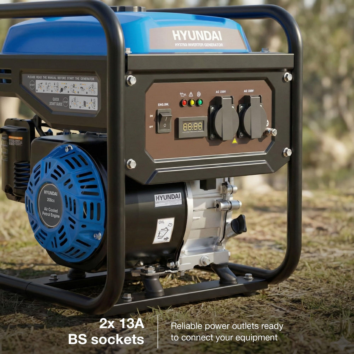 Hyundai 3.3kW / 3300W Petrol Open Frame Inverter Generator, Recoil Start, 3.0kW Continuous, 7.5L Long-Run Tank, Pure Sine Wave