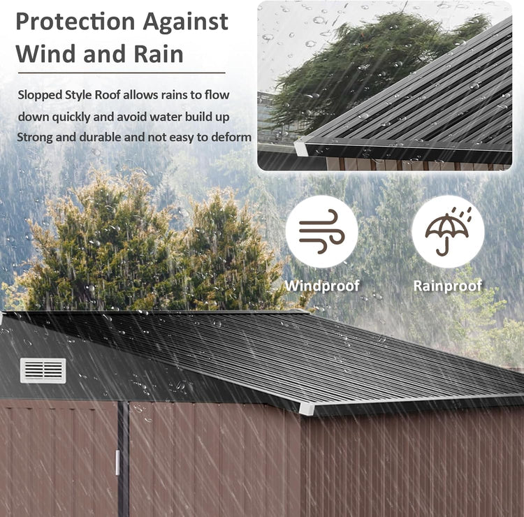 10x8ft Galvanised Metal Garden Storage Shed with Lockable Double Doors & Ventilation - Brown