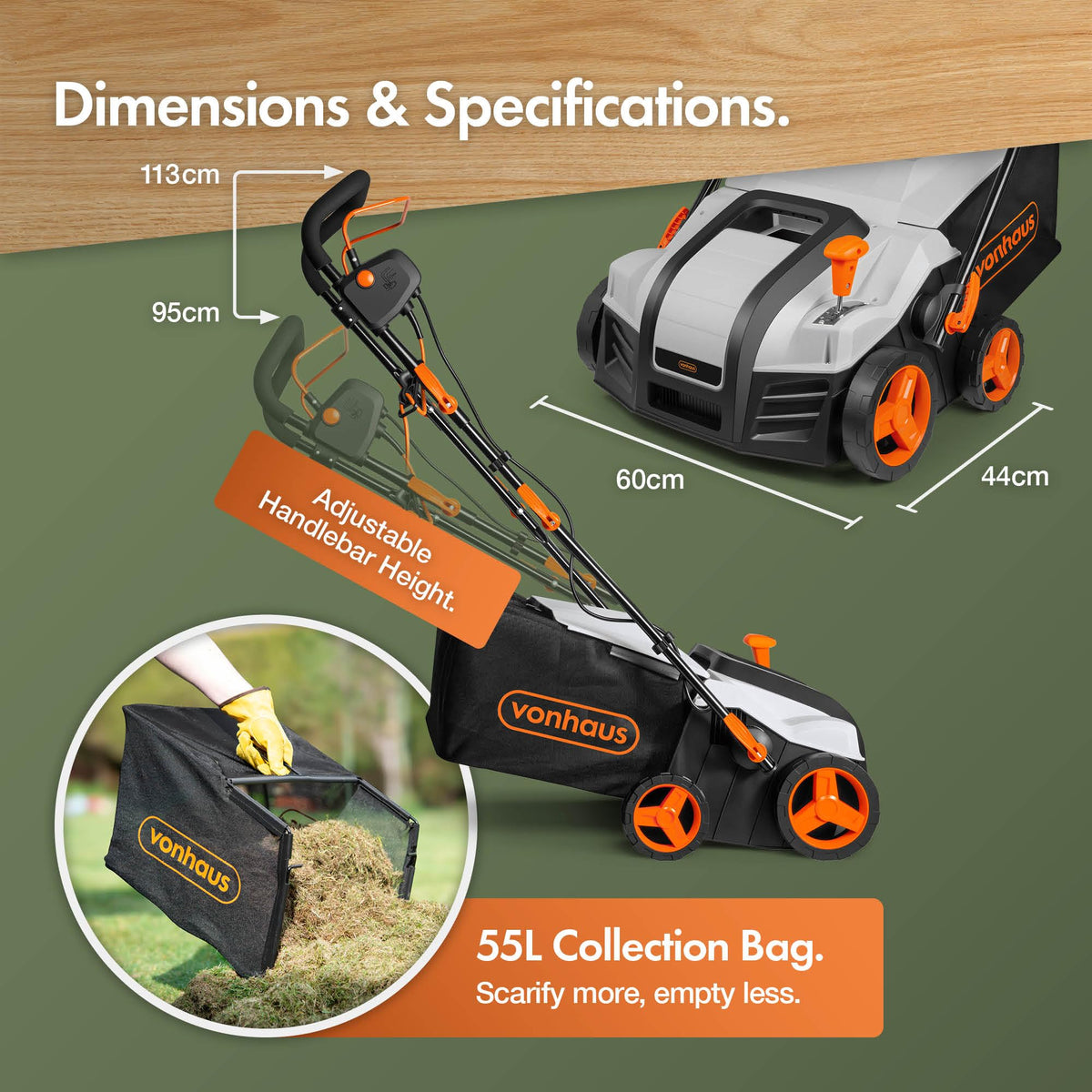 2000W Electric Lawn Scarifier & Aerator with 40cm Working Width & 55L Collection Box