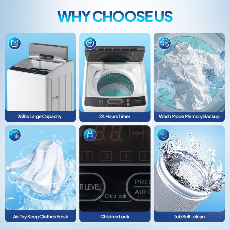 ROVSUN 25LBS Portable Washing Machine, Full-Automatic Electric Laundry Machine with Stainless Steel Drum, Compact Washer and Spin Dryer Combo with Drain Pump for Home, Apartment