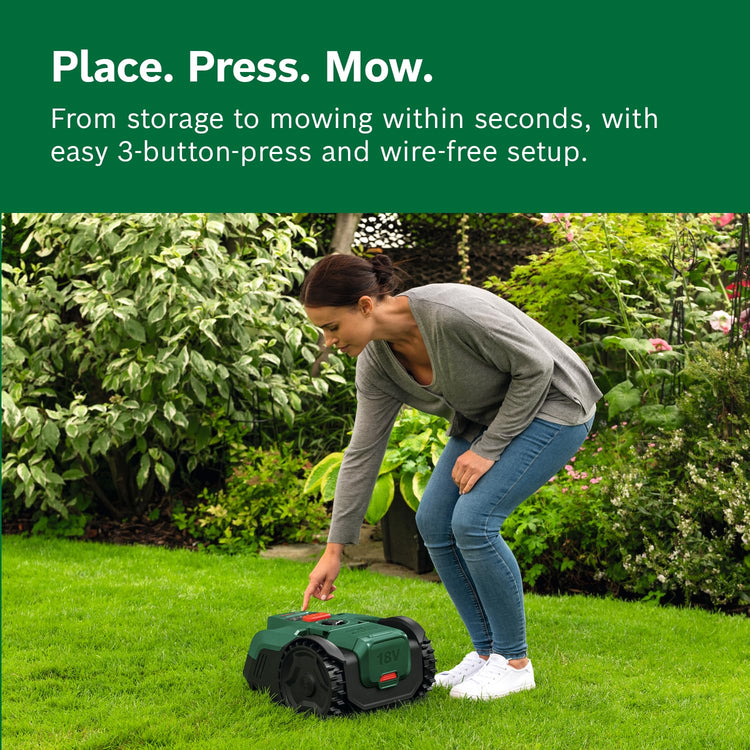 Bosch Cordless Robot Lawn Mower VISIMOW18V-100 (For Lawns up to 100 m2, Cutting Width: 16 cm, Height of Cut: 20-60 mm, incl Battery and Charger)