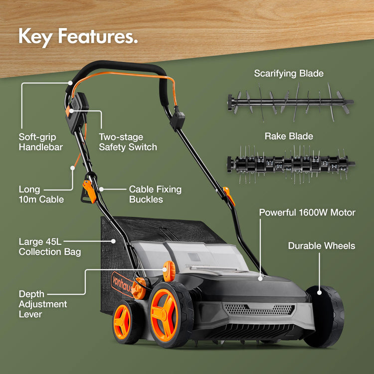 1600W Electric Lawn Scarifier & Aerator with 37cm Working Width & 45L Collection Box