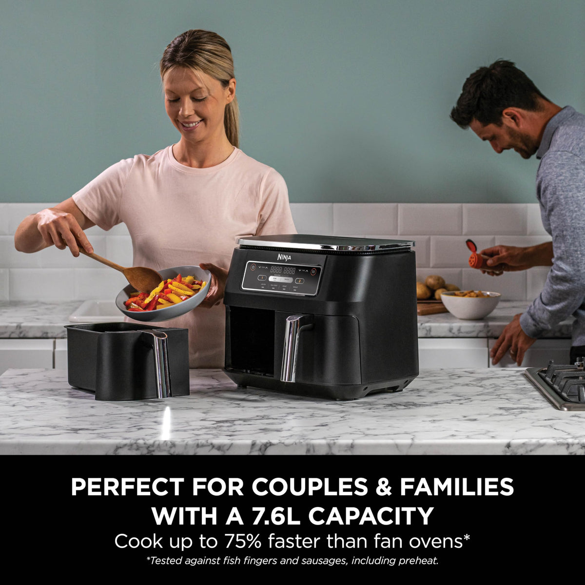 Ninja Foodi Dual Zone Digital Air Fryer, 2 Drawers, 7.6L, 4-in-1, Uses No Oil, Air Fry, Max Crisp, Roast, Reheat