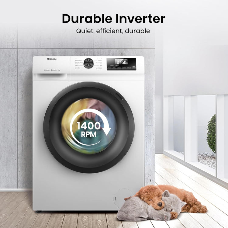 Hisense 1Q Series WF1Q1041BW Freestanding 10 KG Front Load Washing Durable Inverter Machine, Steam Wash, Quick Wash, 15 Washing Programs 1400 RPM White - Energy Rating A