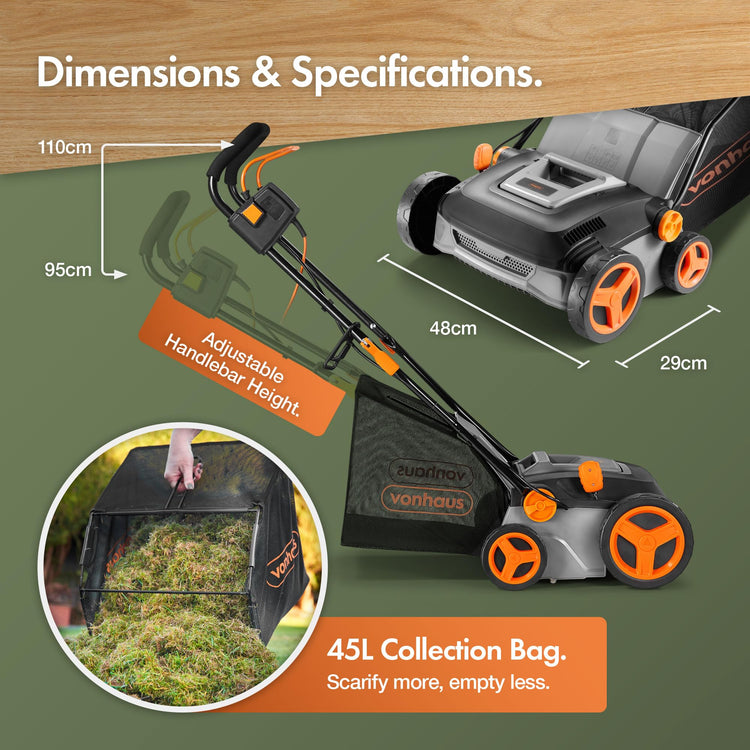 1600W Electric Lawn Scarifier & Aerator with 37cm Working Width & 45L Collection Box