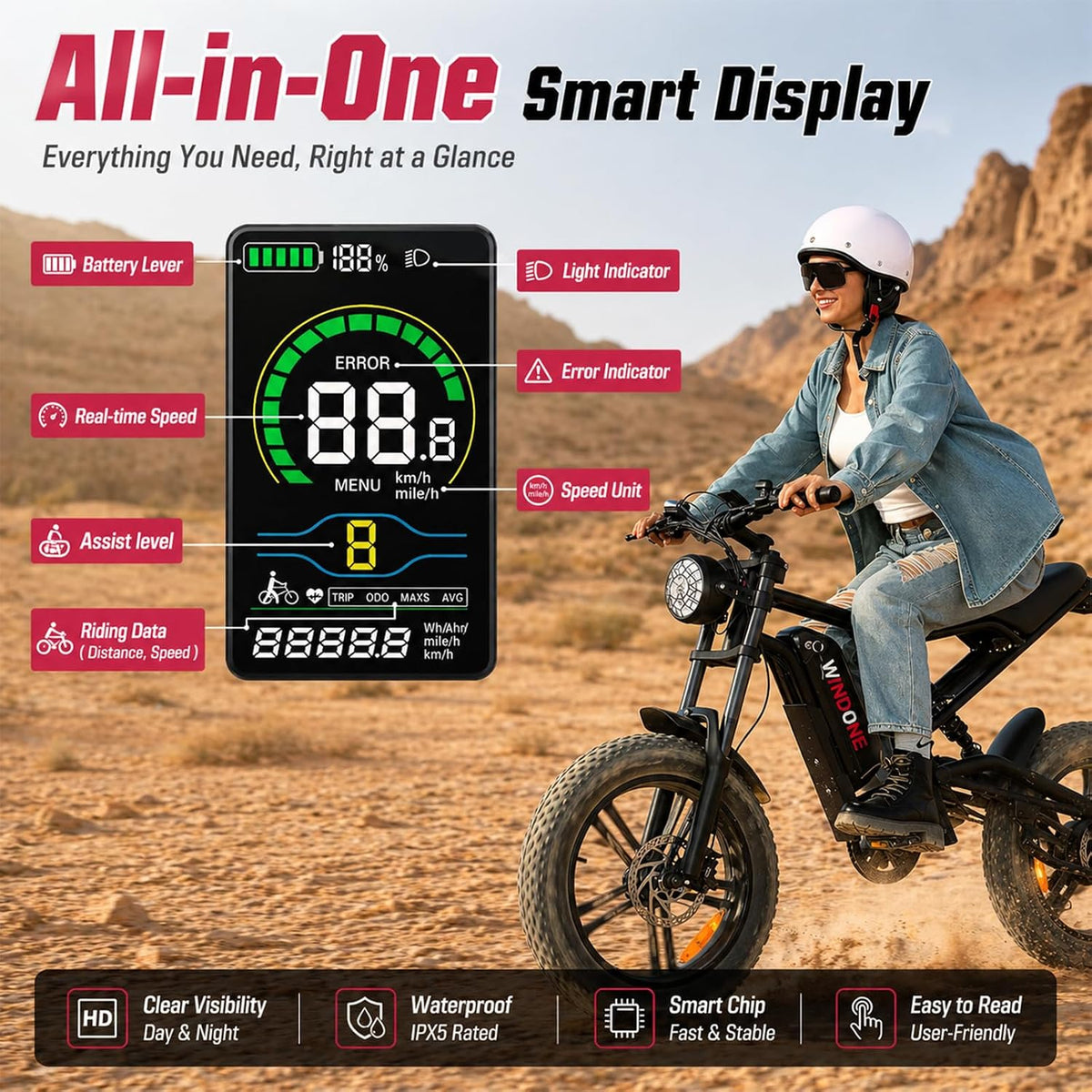 26-Inch Fat Tyre Electric Bike for Adults, 48V 13Ah Removable Battery, 1000W Peak Brushless Motor, Dual Suspension