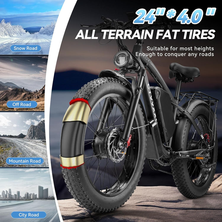 Electric Bicycle with Dual Assist, Removable 52V Battery, 7-Speed Gears, 24-Inch Fat Tires