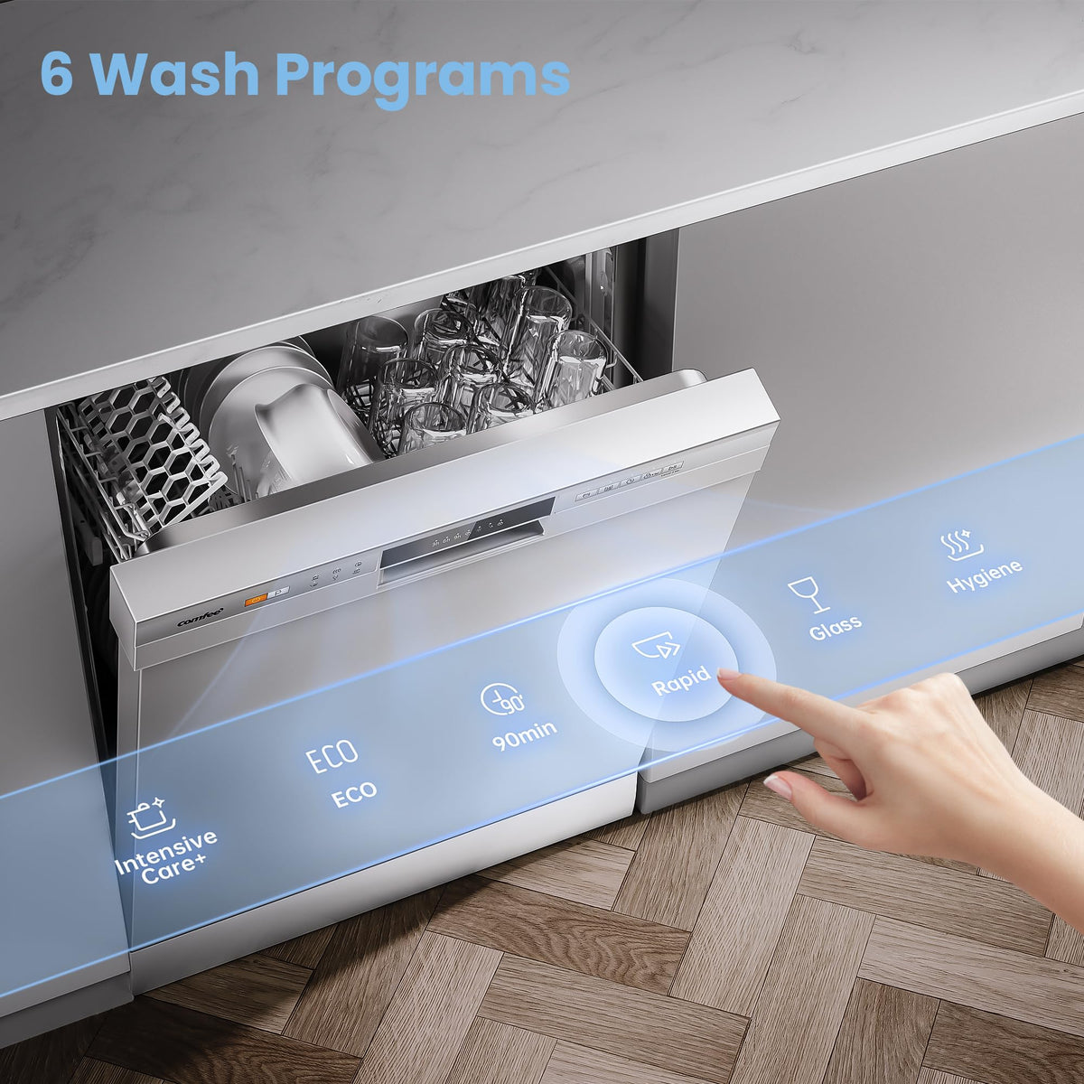 13 Place Setting Freestanding Dishwasher with 6 Programs & Auto Door Drying - White