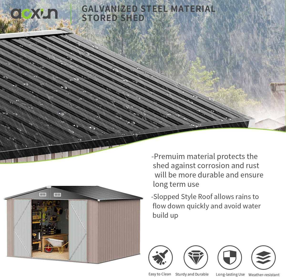 10x8ft Galvanised Metal Garden Storage Shed with Lockable Double Doors & Ventilation - Brown