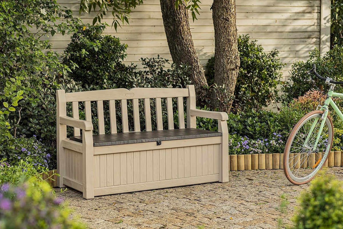 Keter Eden Bench 265L Outdoor 60% recycled Garden Furniture Storage Box Beige & Brown Wood Panel Effect | Fade Free | All Weather Resistant | Safe and Secure | Zero Maintenance | 2 year Warranty