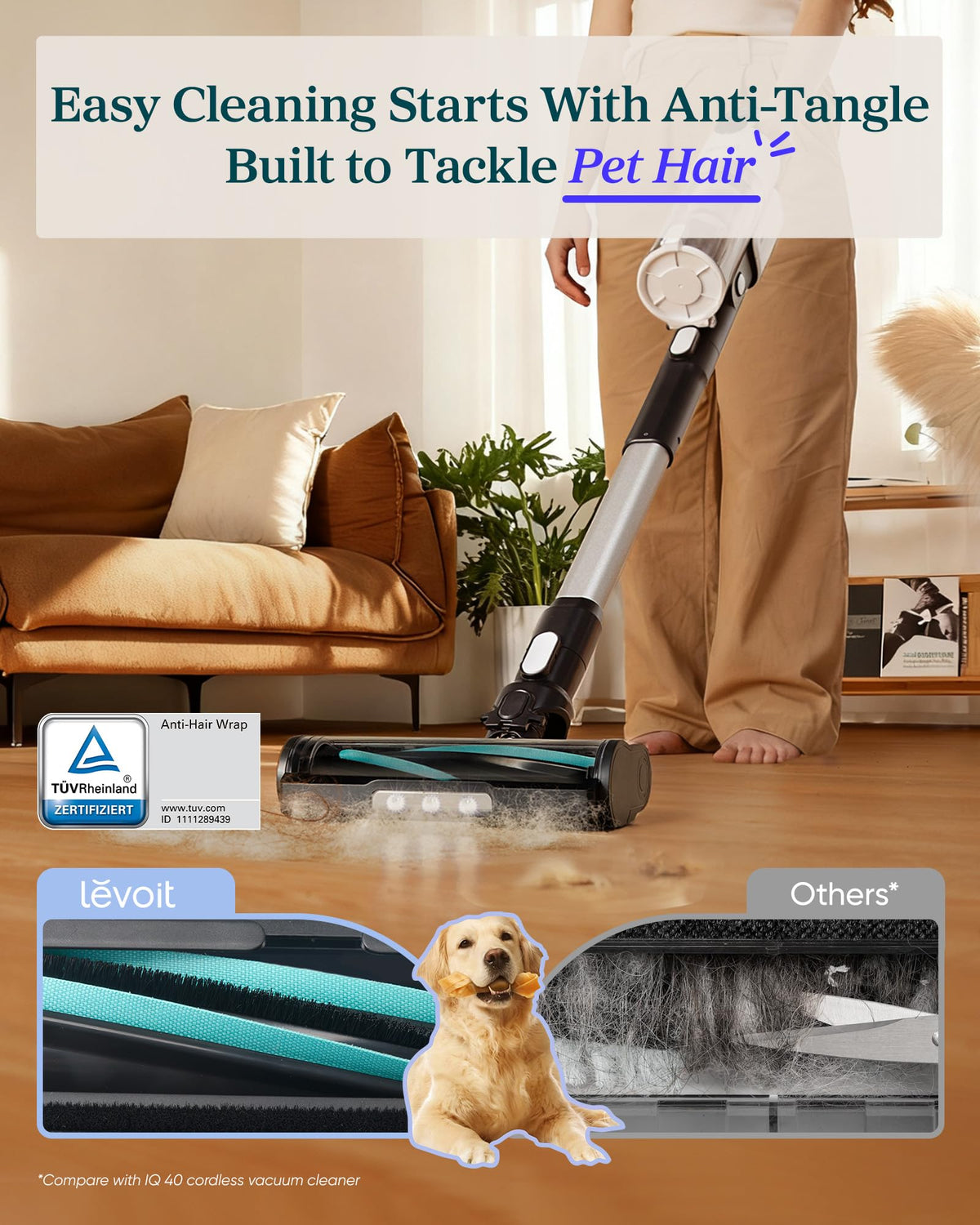 Levoit Cordless Vacuum Cleaner, Anti-Tangle for Pet Hair, Up to 50 Minutes