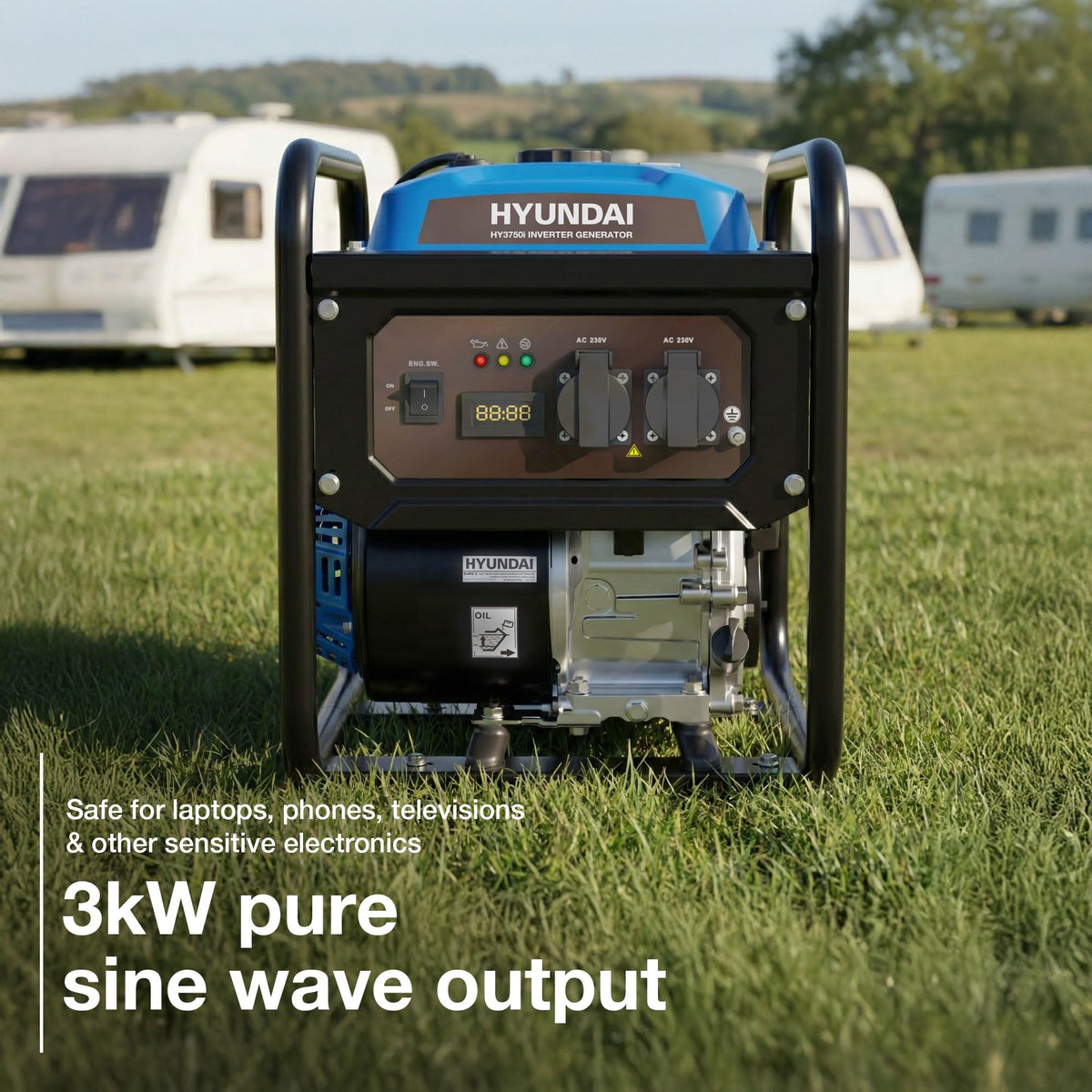 Hyundai 3.3kW / 3300W Petrol Open Frame Inverter Generator, Recoil Start, 3.0kW Continuous, 7.5L Long-Run Tank, Pure Sine Wave