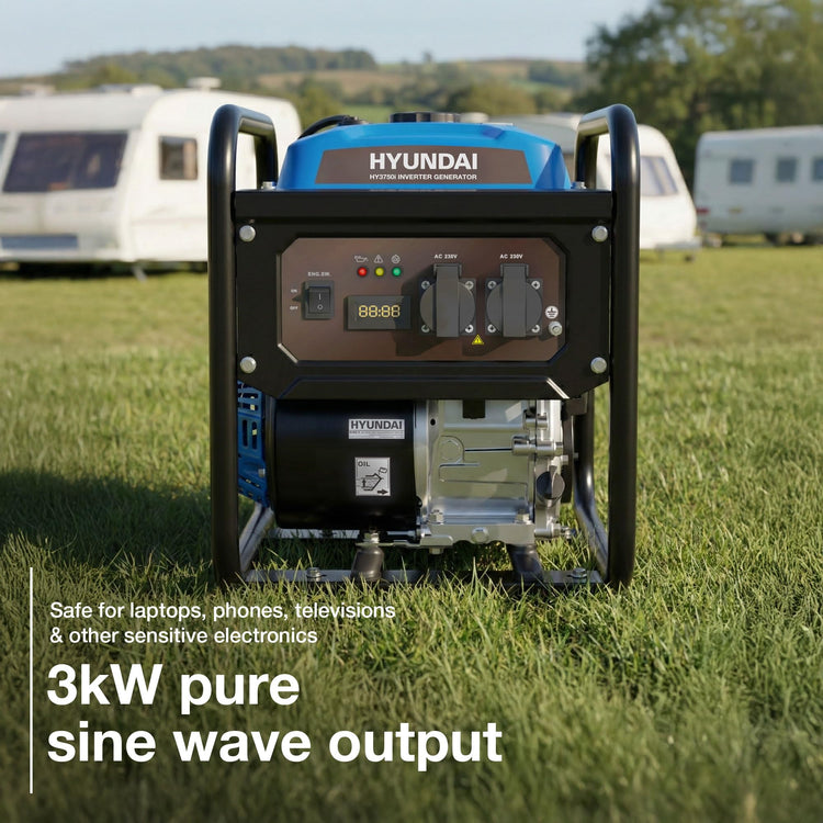 Hyundai 3.3kW / 3300W Petrol Open Frame Inverter Generator, Recoil Start, 3.0kW Continuous, 7.5L Long-Run Tank, Pure Sine Wave