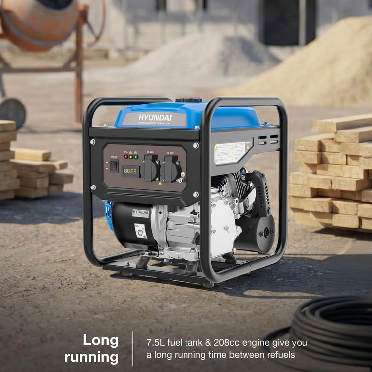 Hyundai 3.3kW / 3300W Petrol Open Frame Inverter Generator, Recoil Start, 3.0kW Continuous, 7.5L Long-Run Tank, Pure Sine Wave
