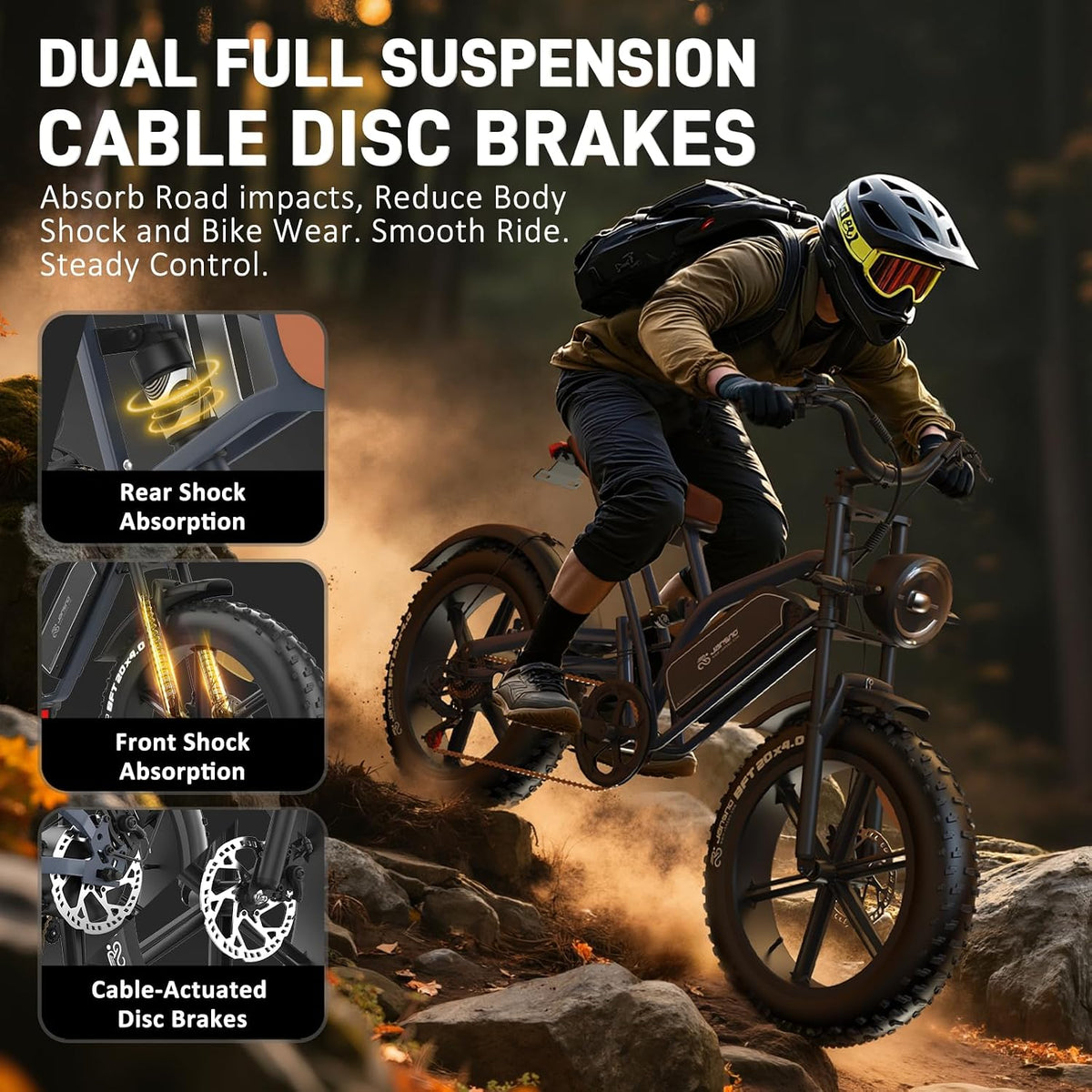 48V 17Ah Fat Tyre E-Bike for Adults, 250W Brushless Motor, Removable Battery, Full Suspension & 7-Speed