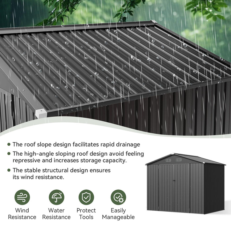 8x6ft Metal Garden Storage Shed with Lockable Double Doors & Ventilation - Black