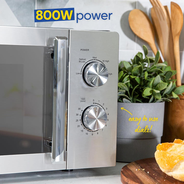 Russell Hobbs Stainless Steel Microwave 20 Litre 800W Solo Manual with 5 Power Levels, Defrost Function & Easy Clean, 35 Minute Timer, RHMM827SS