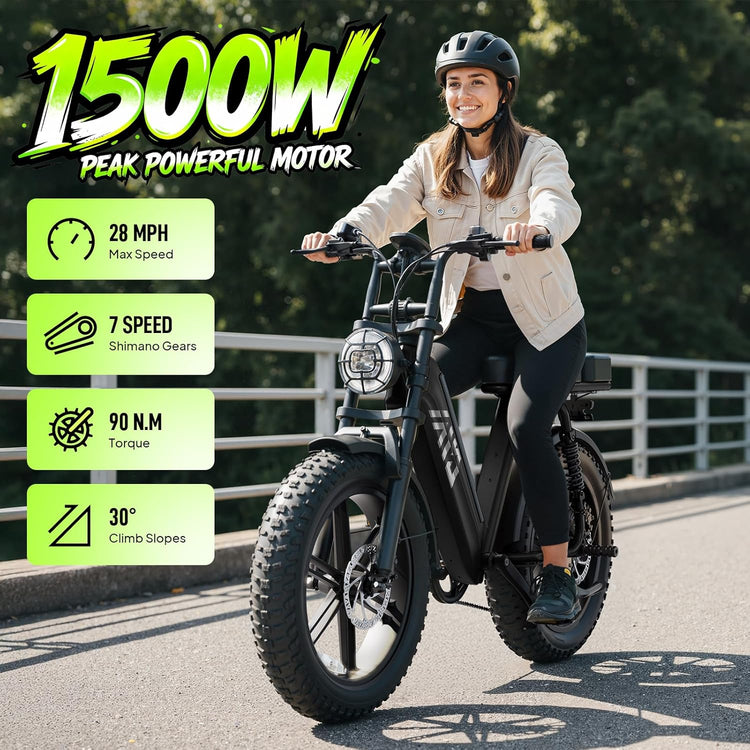 Step-Through Electric Bike with Fat Tyres, 48V 15Ah Removable Battery, 1500W Peak Motor, Full Suspension