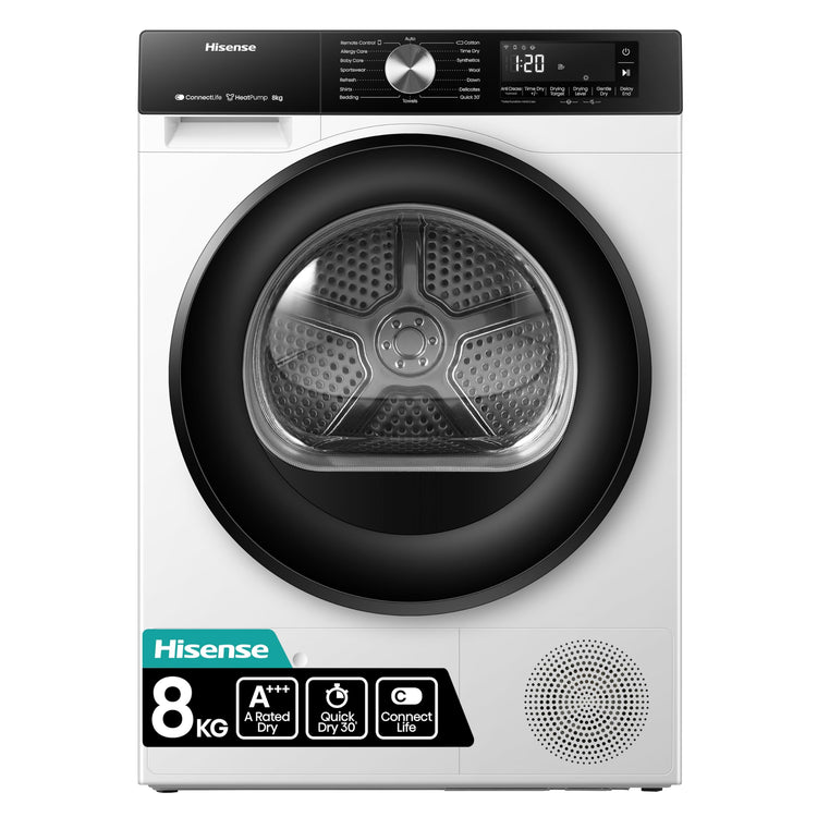 Hisense DH1Q802BW2 60cm Freestanding 8 KG Heatpump Front Load Tumble Dryer, 16 Programmes, Auto Dry, Steam Refresh, Allergy Care - White