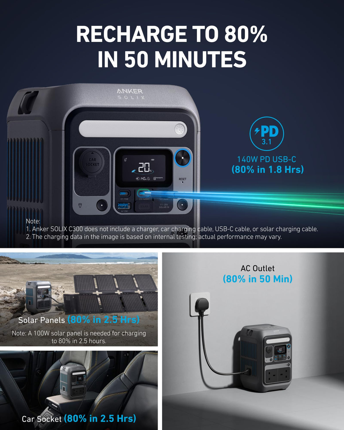Anker SOLIX C300 Portable Power Station, Outdoor 288Wh LiFePO4 Battery, 300W (600W Surge) Solar Generator, 140W Two-Way Fast Charging, For Camping