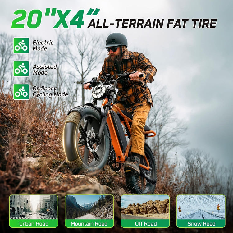 Long Range Fat Tyre E-Bike for Adults, 48V 15Ah Removable Battery, 1500W Peak Brushless Motor, Dual Suspension