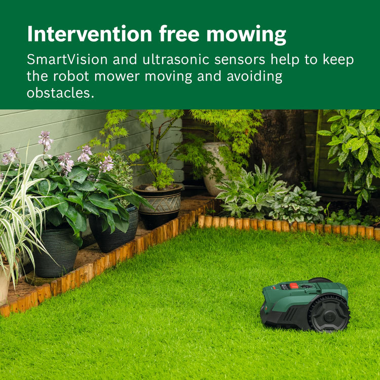 Bosch Cordless Robot Lawn Mower VISIMOW18V-100 (For Lawns up to 100 m2, Cutting Width: 16 cm, Height of Cut: 20-60 mm, incl Battery and Charger)