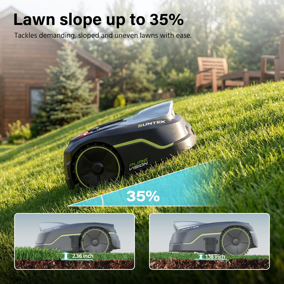 SUNTEK Robot Lawn Mower without Boundary, AI Pure Vision Robotic Mower with Auto Mapping, Slope up to 35°, IPX5 Waterproof Rating, Automatic Mapping