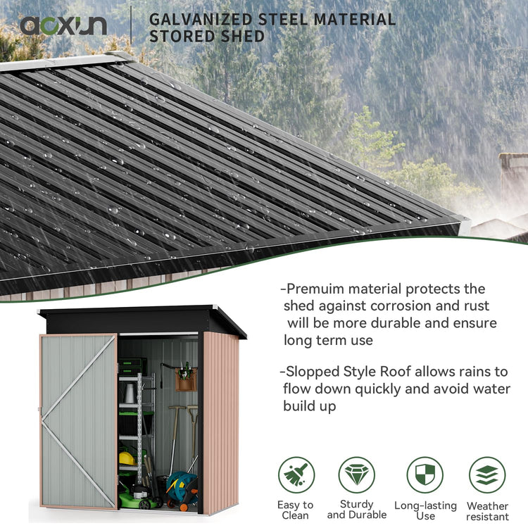 5x3ft Galvanised Metal Garden Storage Shed with Lockable Door & Ventilation - Brown