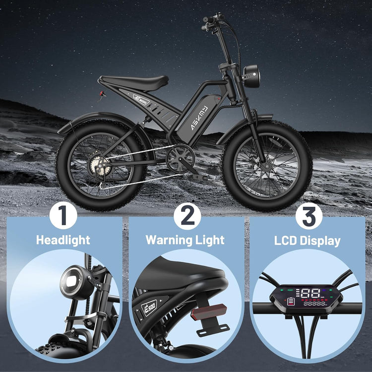Electric Mountain Bike with 20-Inch Fat Tyres, 48V 15Ah Battery, 1500W Peak Motor, Dual Suspension