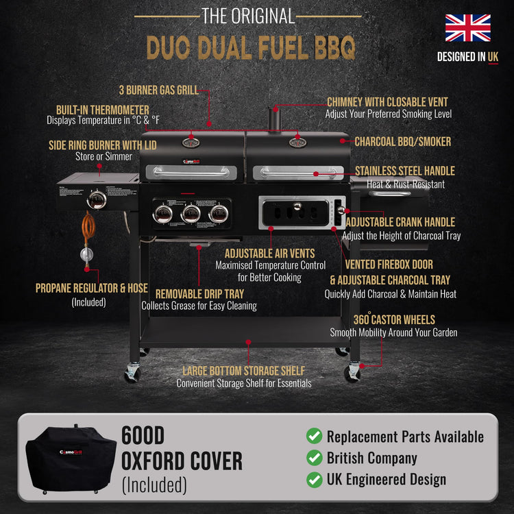 Hybrid Gas & Charcoal BBQ Grill with Smoker, Side Burner & Protective Cover