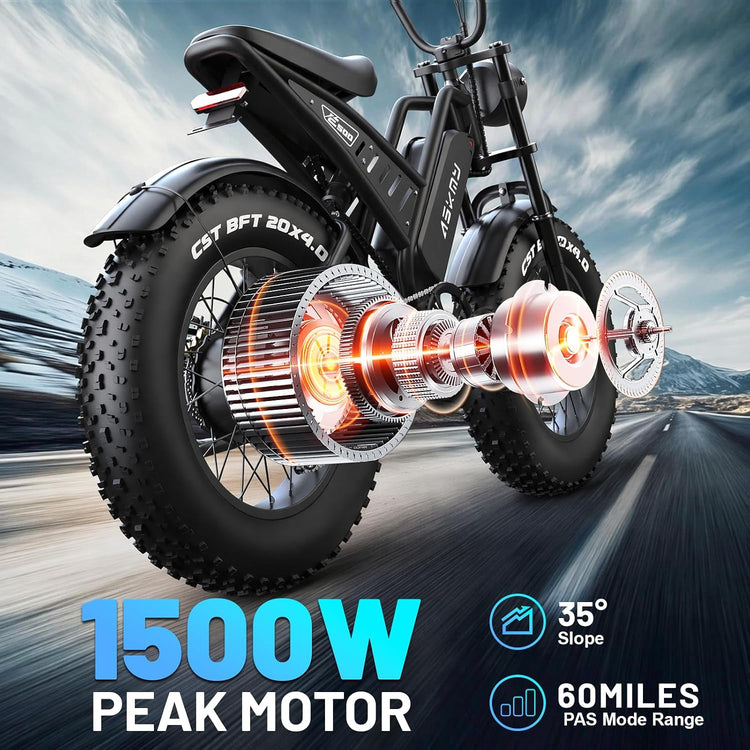 Electric Mountain Bike with 20-Inch Fat Tyres, 48V 15Ah Battery, 1500W Peak Motor, Dual Suspension