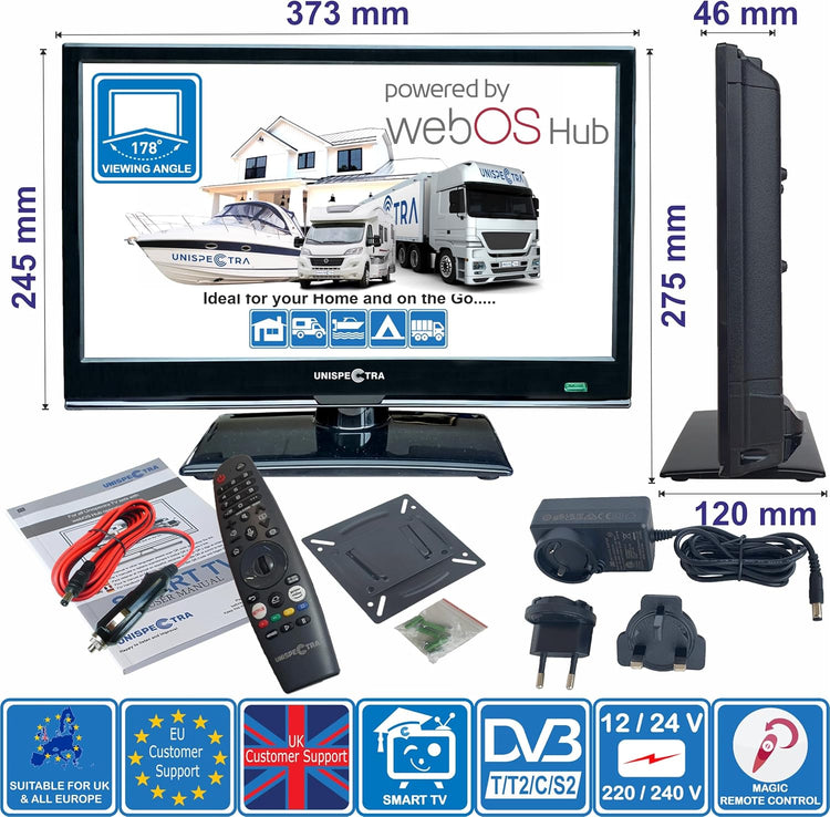 Unispectra ® 16" Smart TV (webOS) 12V Full HD LED 230v 24v Triple Tuner: Satellite, Terrestrial, cable. HDMI USB Telecomando magico TV 12V for camper, caravan, furgone, boat