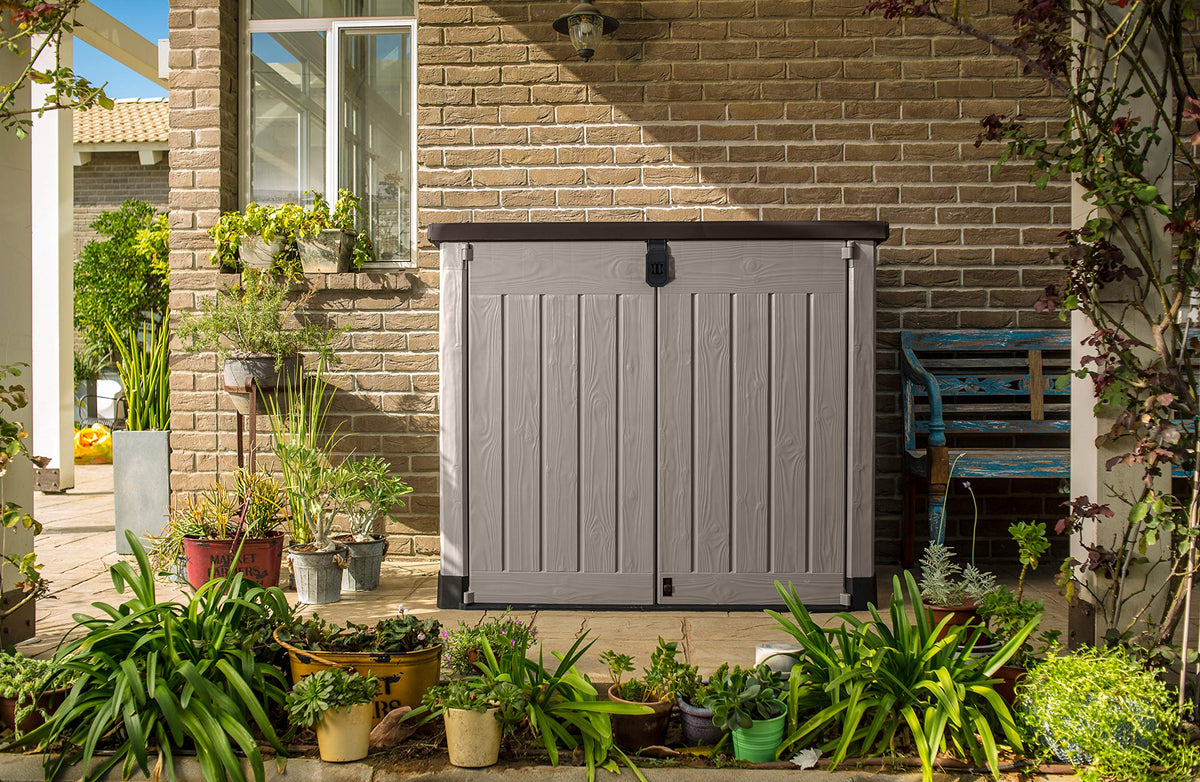 1200L Outdoor Garden Storage Shed with Piston-Assisted Lid & Wide Opening Doors - Beige/Brown